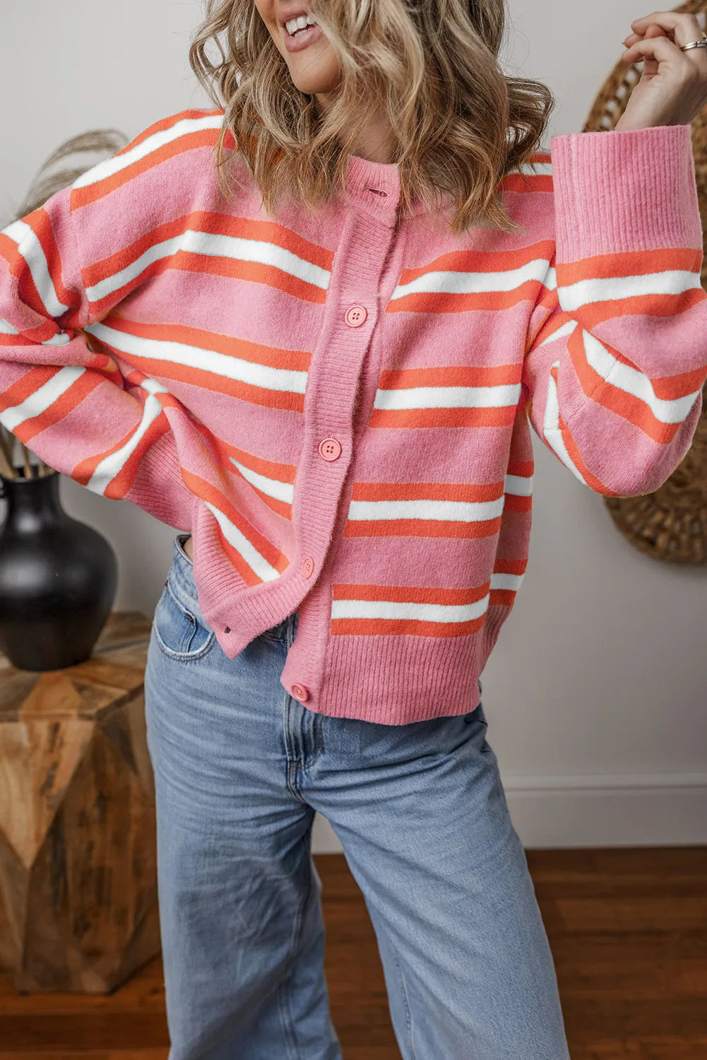 Striped Button Up Long Sleeve Cardigan S-2XL