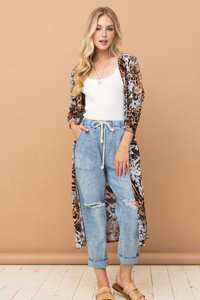 And The Why Leopard Kimono Open Front Longline Cardigan S-L