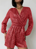 Full Size Sequin Surplice Tie Waist Long Sleeve Romper S-3XL