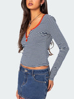 Buttoned Striped Long Sleeve T-Shirt S-XL