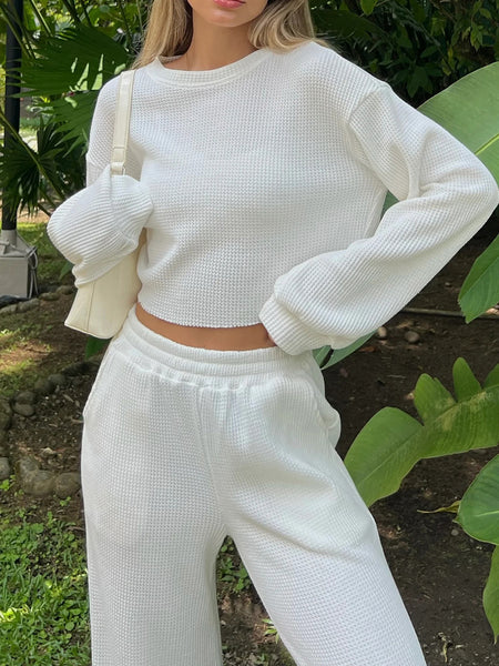 Waffle-Knit Round Neck Top and Pants Set S-XL