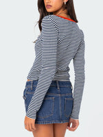 Buttoned Striped Long Sleeve T-Shirt S-XL