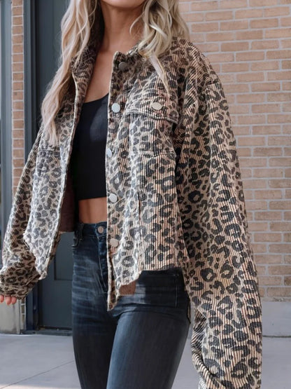 Asymmetrical Hem Collared Neck Leopard Jacket S-XL