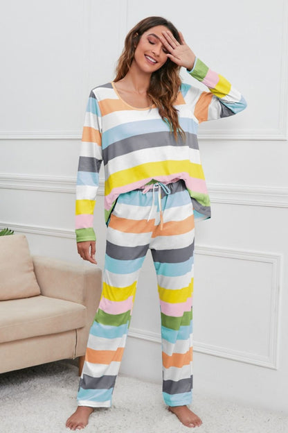 Striped Round Neck Long Sleeve Top and Drawstring Pants Lounge Set S-XL