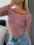 Devine Backless Striped Boat Neck Long Sleeve T-Shirt S-XL