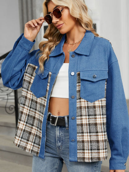 Plaid Button Up Long Sleeve Denim Jacket S-XL