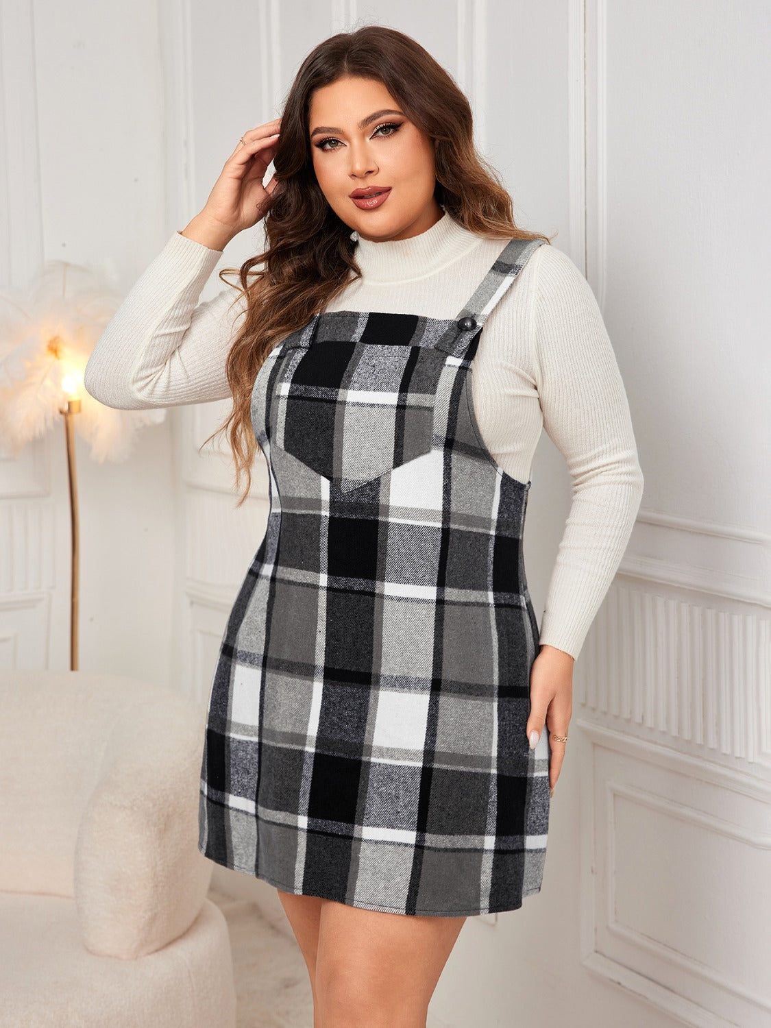 Plaid Wide Strap Overall Dress 1XL-4XL