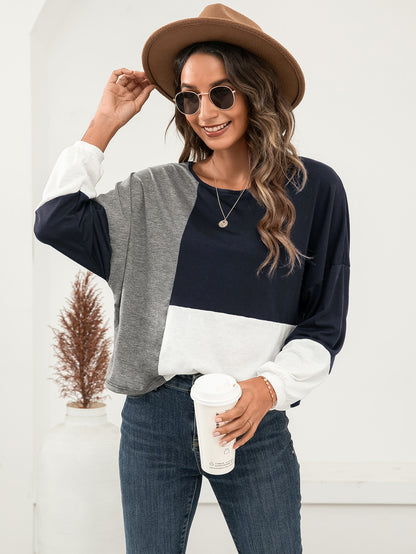 Three-Tone Color Block Dropped Shoulder Long Sleeve Tee S-XL