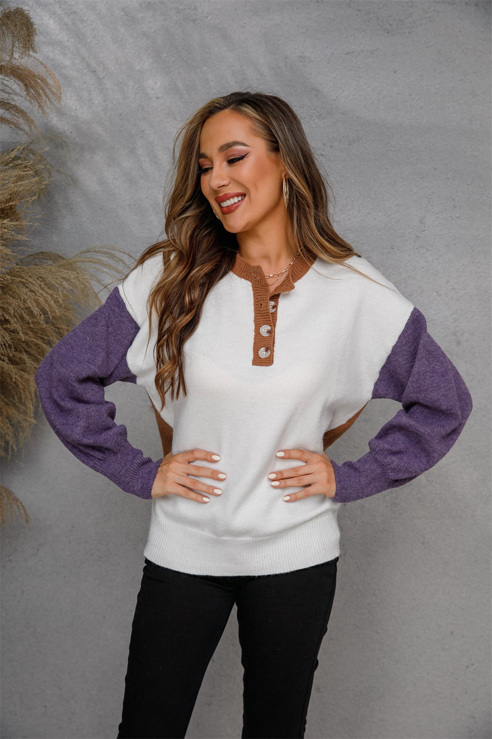 Round Neck Buttoned Knit Top S-XL