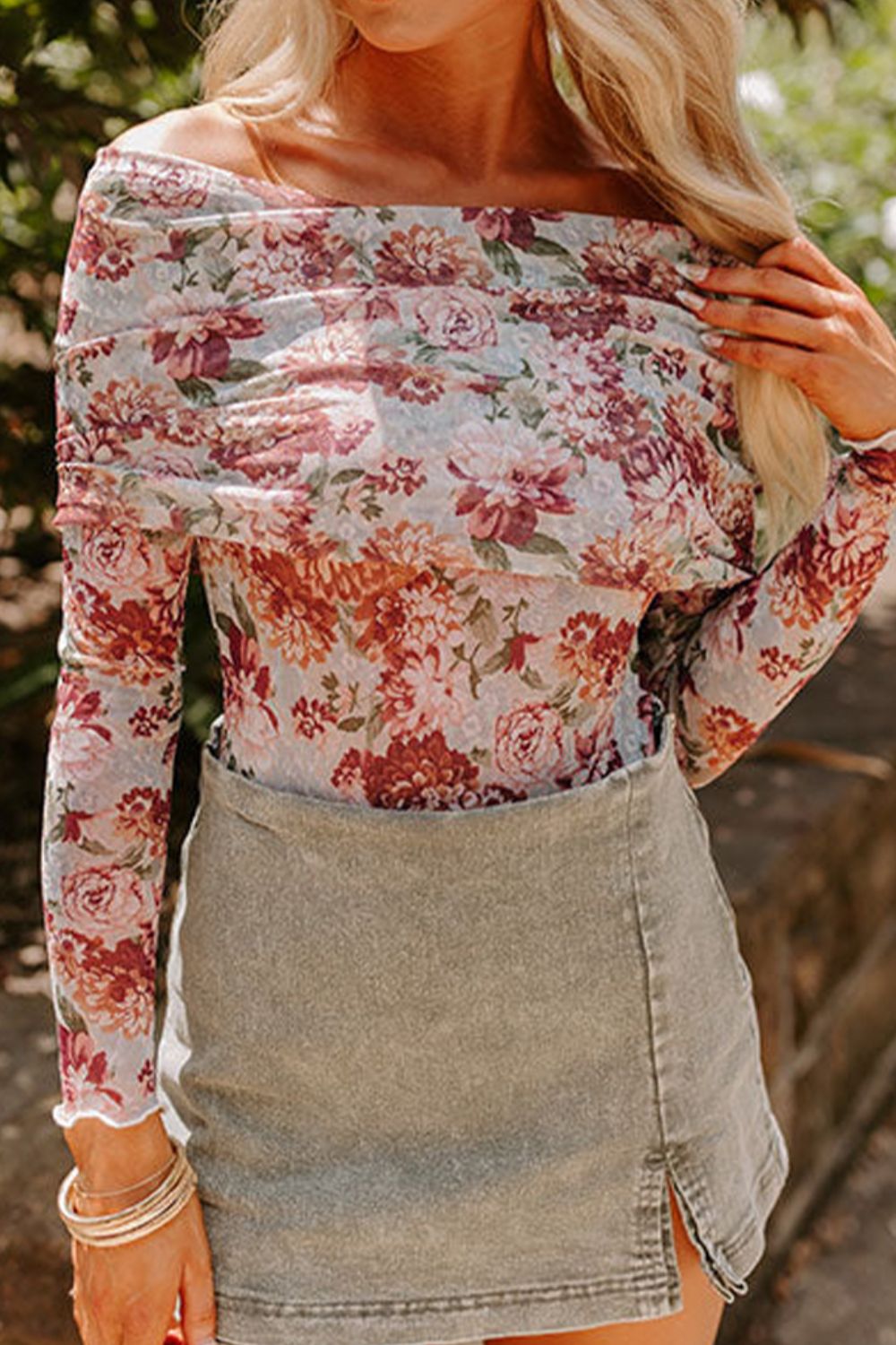 Floral Off-Shoulder Long Sleeve Bodysuit S-XL