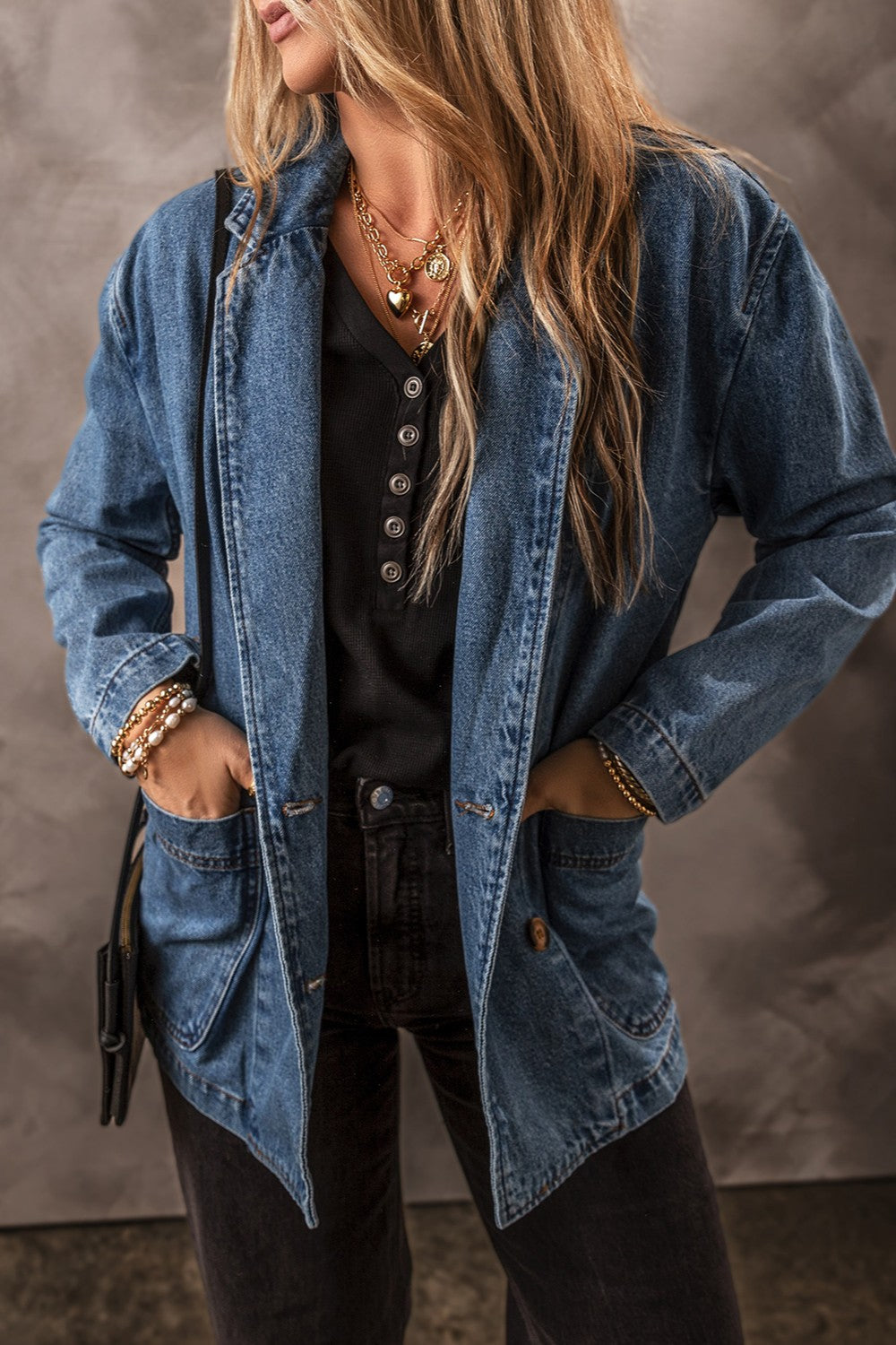 Pocketed Long Sleeve Denim Jacket S-2XL