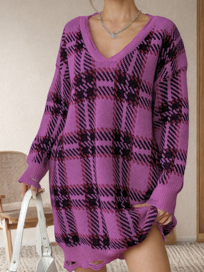 Distressed Plaid V-Neck Long Sleeve Sweater Dress One Size