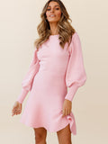 Round Neck Lantern Sleeve Sweater Dress S-2XL