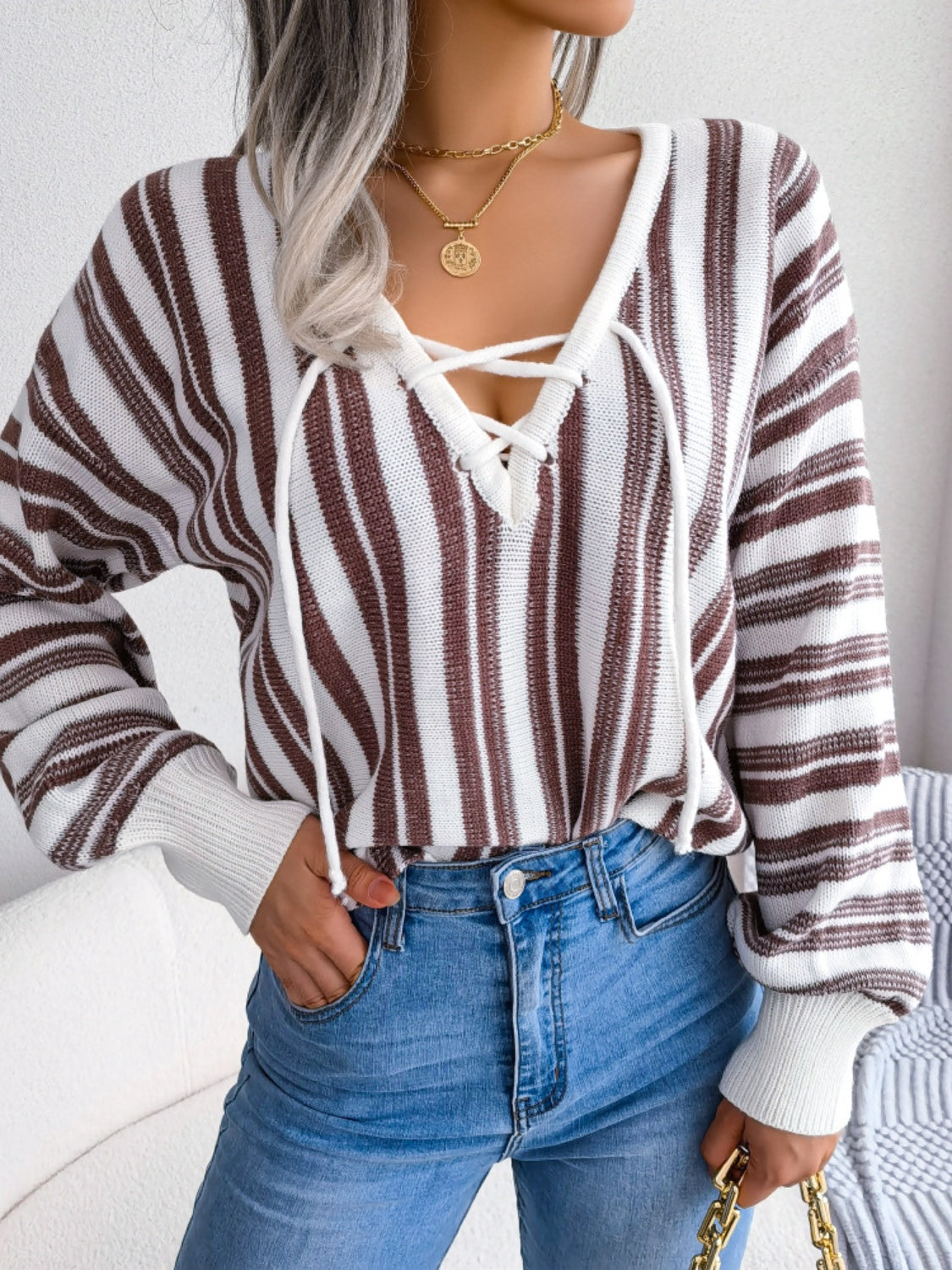 Striped Lace-Up Long Sleeve Sweater S-L