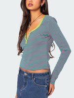 Buttoned Striped Long Sleeve T-Shirt S-XL