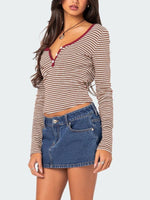 Buttoned Striped Long Sleeve T-Shirt S-XL