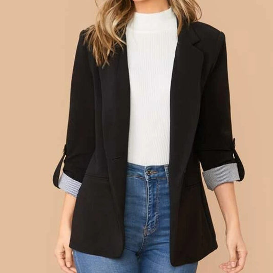 Lapel Collar Roll-Tab Sleeve Blazer S-L