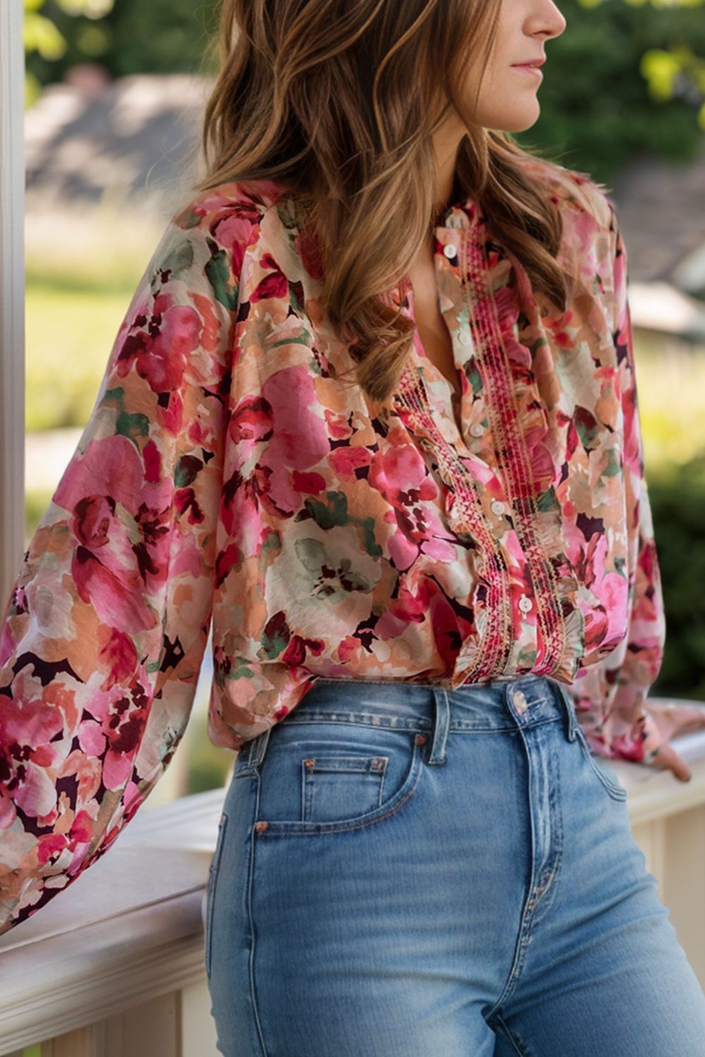 Frill Printed Long Sleeve Shirt S-XL