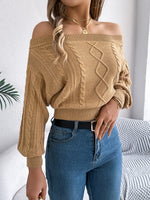 Cable Knit Off-Shoulder Long Sleeve Sweater S-XL