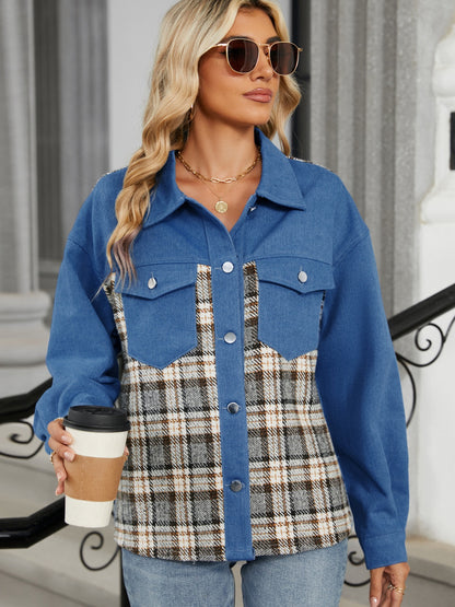 Plaid Button Up Long Sleeve Denim Jacket S-XL