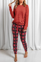 Round Neck Top and Drawstring Plaid Pants Lounge Set S-XL