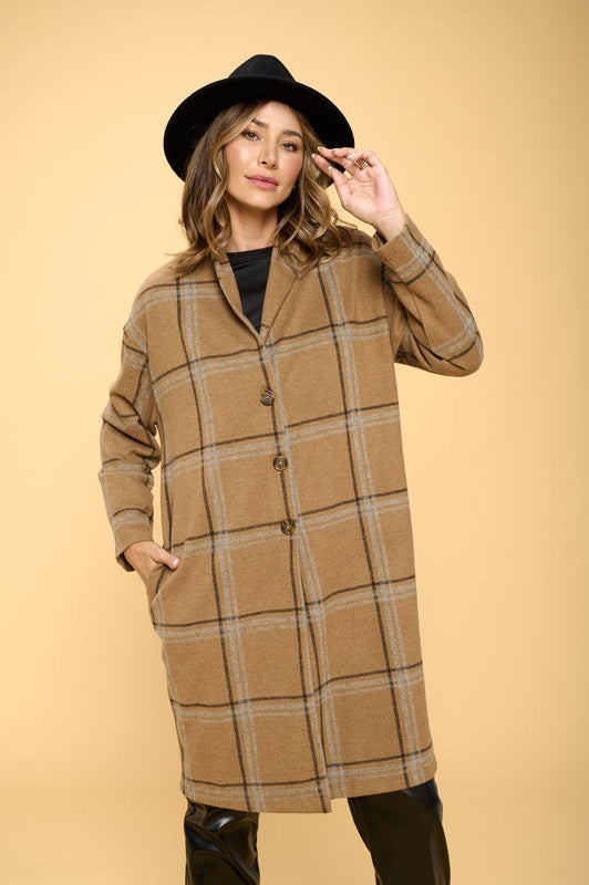 Plaid Coat with Buttons and Pockets S-L