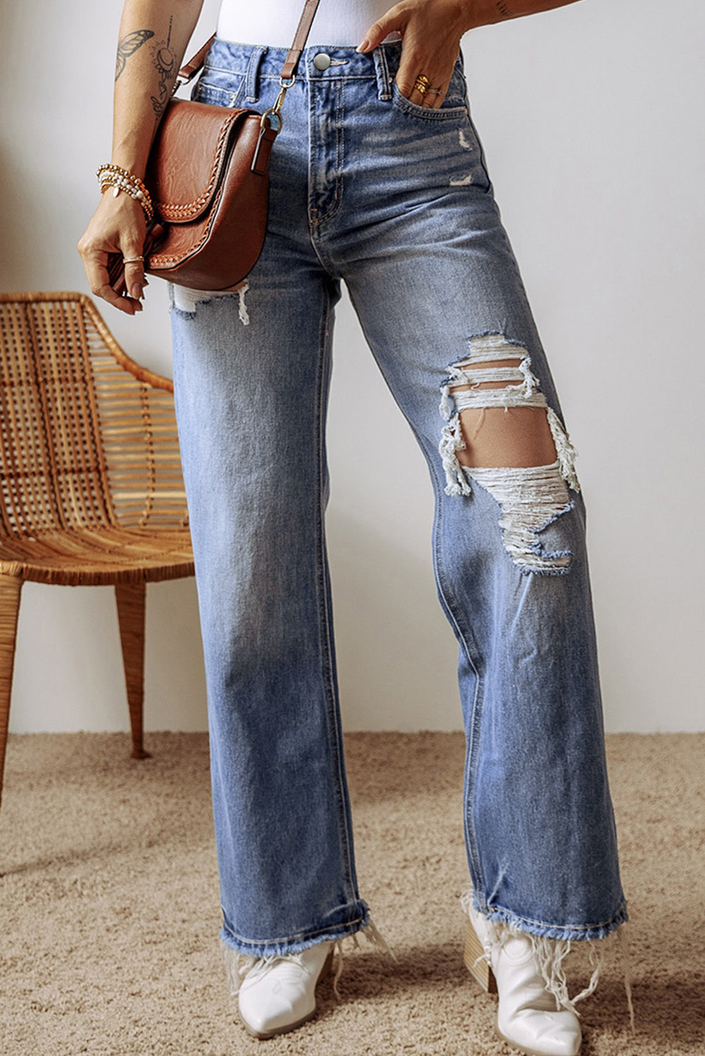 Distressed Straight Leg Jeans with Pockets Sizes 6-16