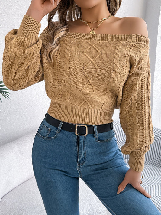 Cable Knit Off-Shoulder Long Sleeve Sweater S-XL