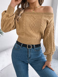 Cable Knit Off-Shoulder Long Sleeve Sweater S-XL