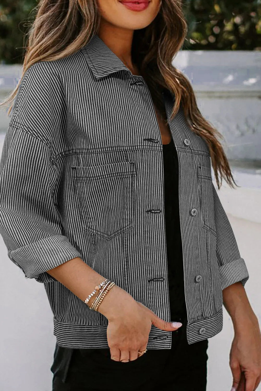 Striped Button Up Long Sleeve Denim Jacket S-2XL