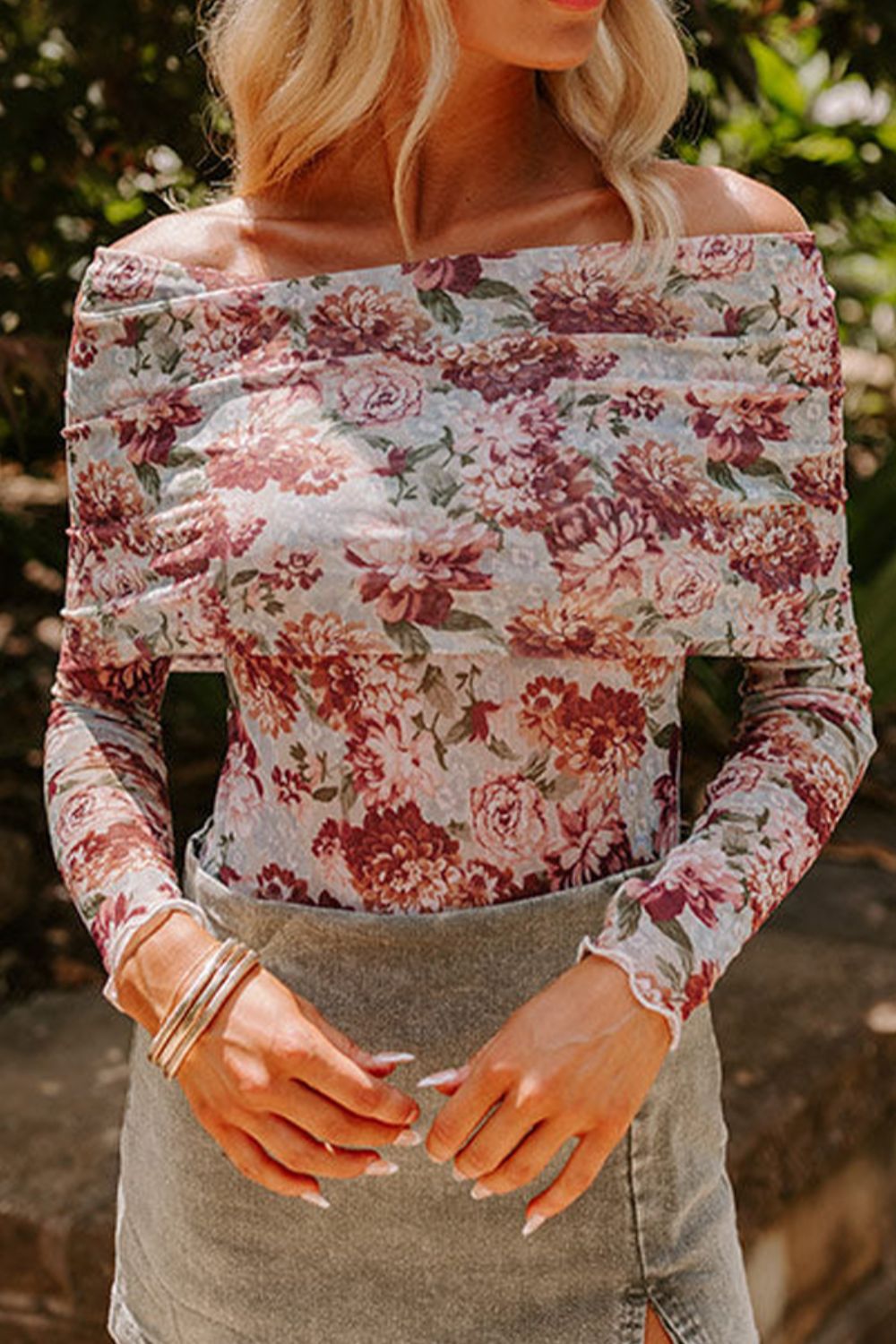 Floral Off-Shoulder Long Sleeve Bodysuit S-XL