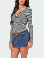 Buttoned Striped Long Sleeve T-Shirt S-XL