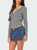 Buttoned Striped Long Sleeve T-Shirt S-XL