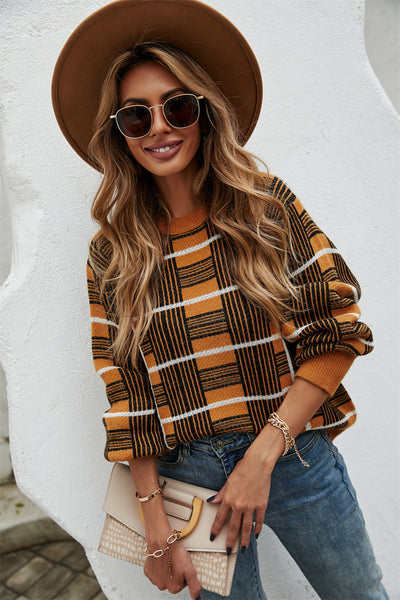 Printed Round Neck Dropped Shoulder Sweater S-XL