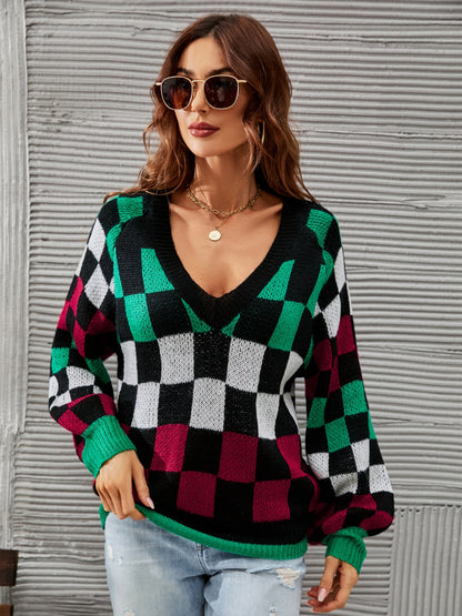 Checkered V-Neck Lantern Sleeve Sweater S-L