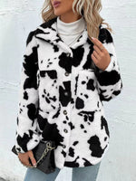 Cow Print Collared Neck Button Up Fuzzy Jacket S-XL