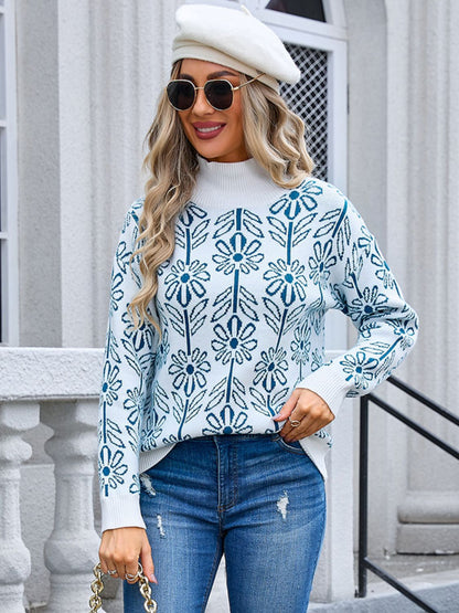 Flower Turtleneck Long Sleeve Sweater S-XL