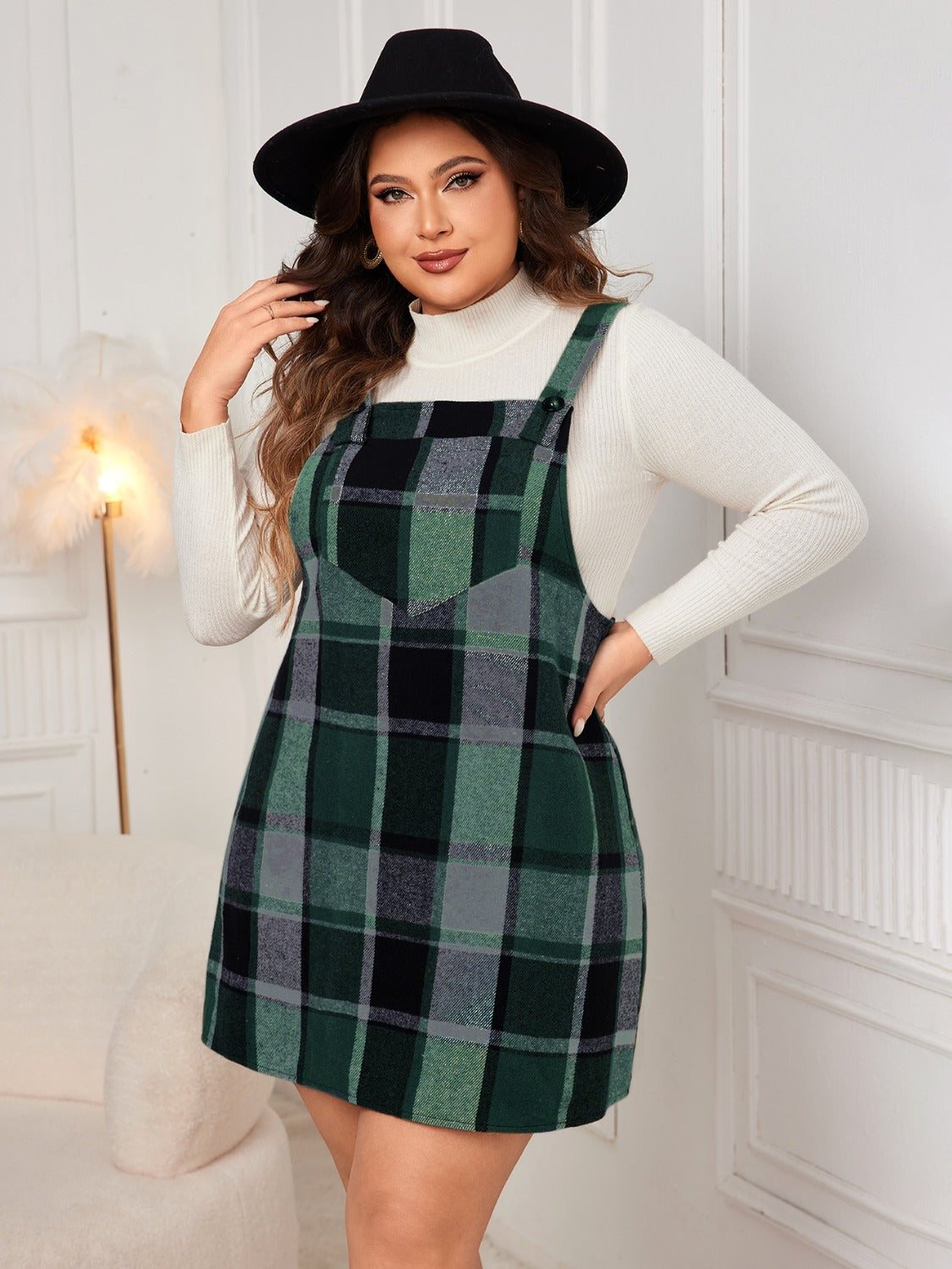 Plaid Wide Strap Overall Dress 1XL-4XL