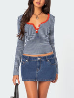 Buttoned Striped Long Sleeve T-Shirt S-XL