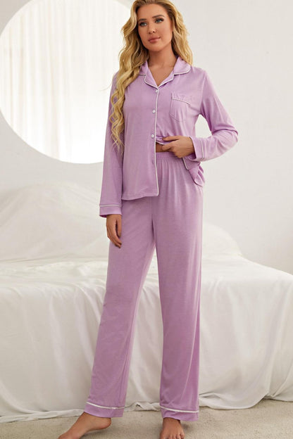 Contrast Piping Button Down Top and Pants Loungewear Set S-XL