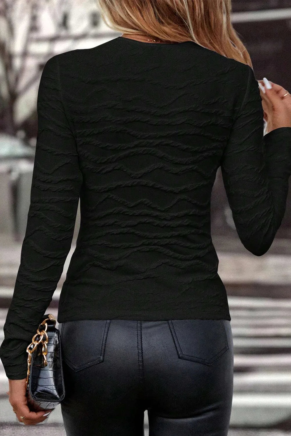 Textured Round Neck Long Sleeve Blouse S-XL