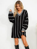 Striped V-Neck Long Sleeve Mini Dress S-XL