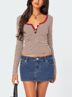 Buttoned Striped Long Sleeve T-Shirt S-XL