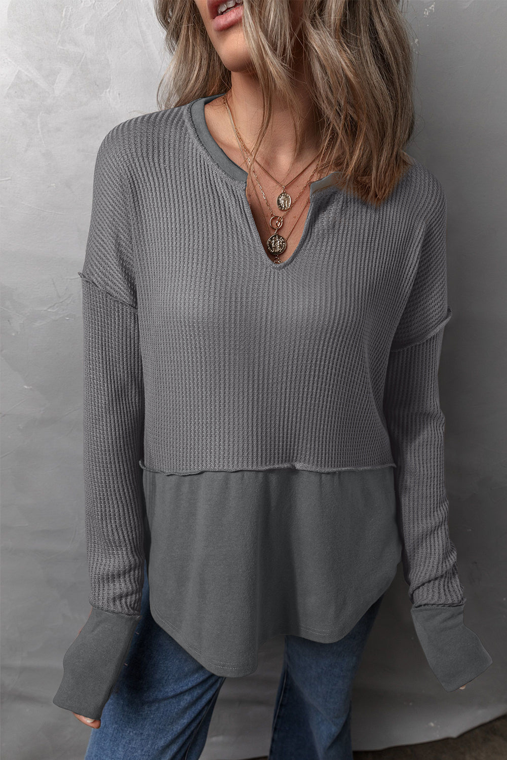 Waffle-Knit Exposed Seam Notched Long Sleeve Top S-2XL