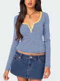 Buttoned Striped Long Sleeve T-Shirt S-XL