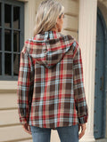 Drawstring Plaid Hooded Long Sleeve Top S-2XL