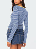 Buttoned Striped Long Sleeve T-Shirt S-XL