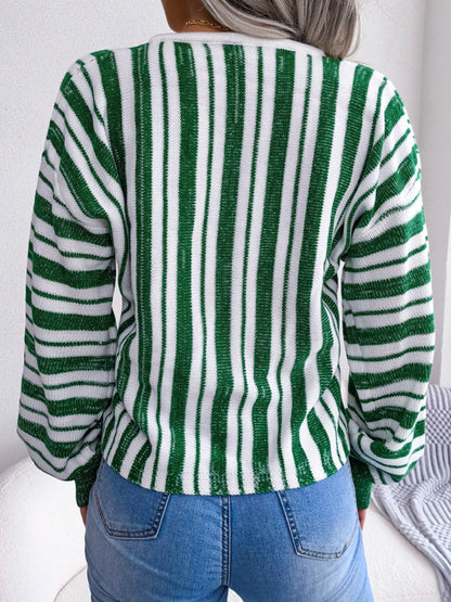 Striped Lace-Up Long Sleeve Sweater S-L