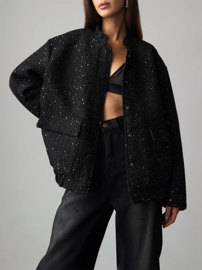 Sequin Detail Pocketed Long Sleeve Jacket S-L