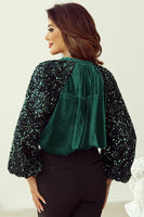 Sequin Notched Long Sleeve Blouse S-XL